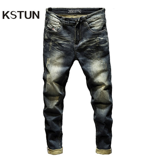 Men's Streetwear Moto Biker Jeans - Slim Fit Retro Stretch Denim
