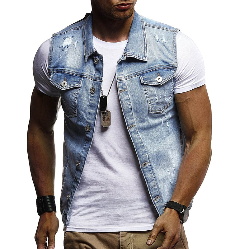 Men's Denim Sleeveless Vest - Casual Cotton Jean Jacket