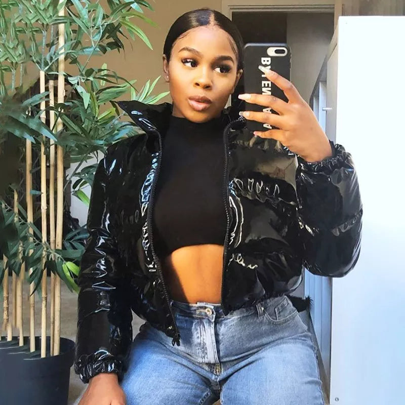 Crop Leather Bubble Coat Jacket