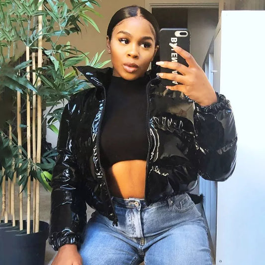 Crop Leather Bubble Coat Jacket