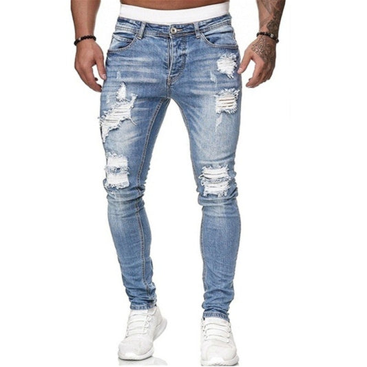 Mens Ripped Skinny Jeans Blue Slim Fit Pencil leg jeans