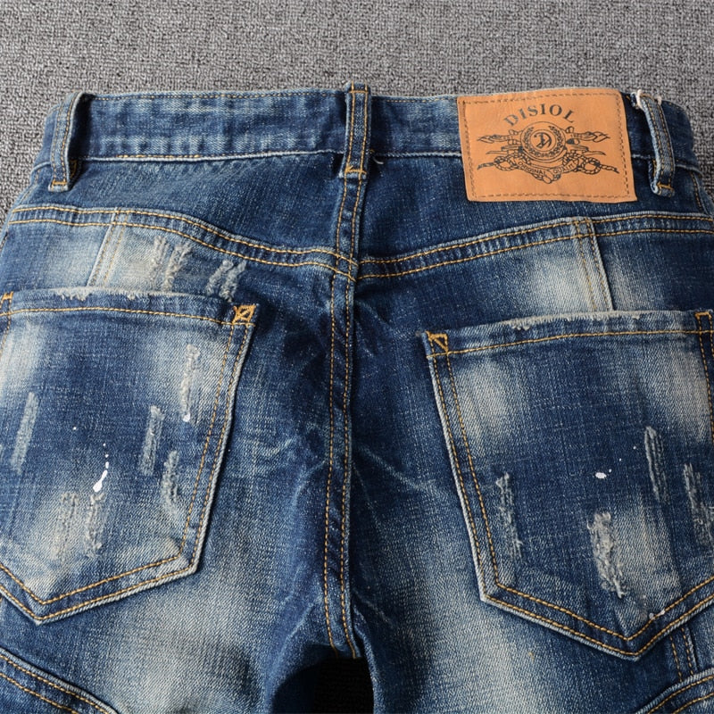 Retro Blue Slim Fit Elastic Ripped Jeans Men Punk Pants