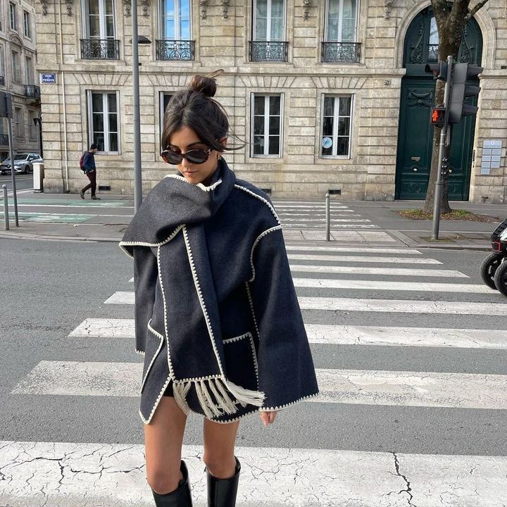 Women's Winter Woolen Coat with Scarf Tassel