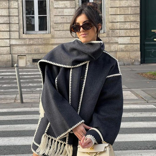 Women's Winter Woolen Coat with Scarf Tassel