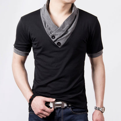 Men's Patchwork V-Neck Cotton T-Shirt - Button Detail Summer Tee
