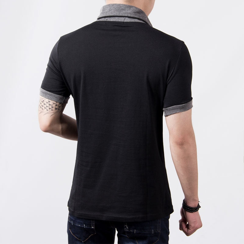 Men's Patchwork V-Neck Cotton T-Shirt - Button Detail Summer Tee