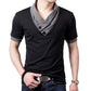 Men's Patchwork V-Neck Cotton T-Shirt - Button Detail Summer Tee