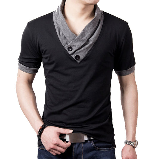 Men's Patchwork V-Neck Cotton T-Shirt - Button Detail Summer Tee